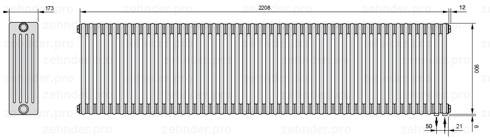 Схема (чертеж) Радиатор Zehnder Charleston 5090/48 №5510 Белый глянцевый RAL 9016